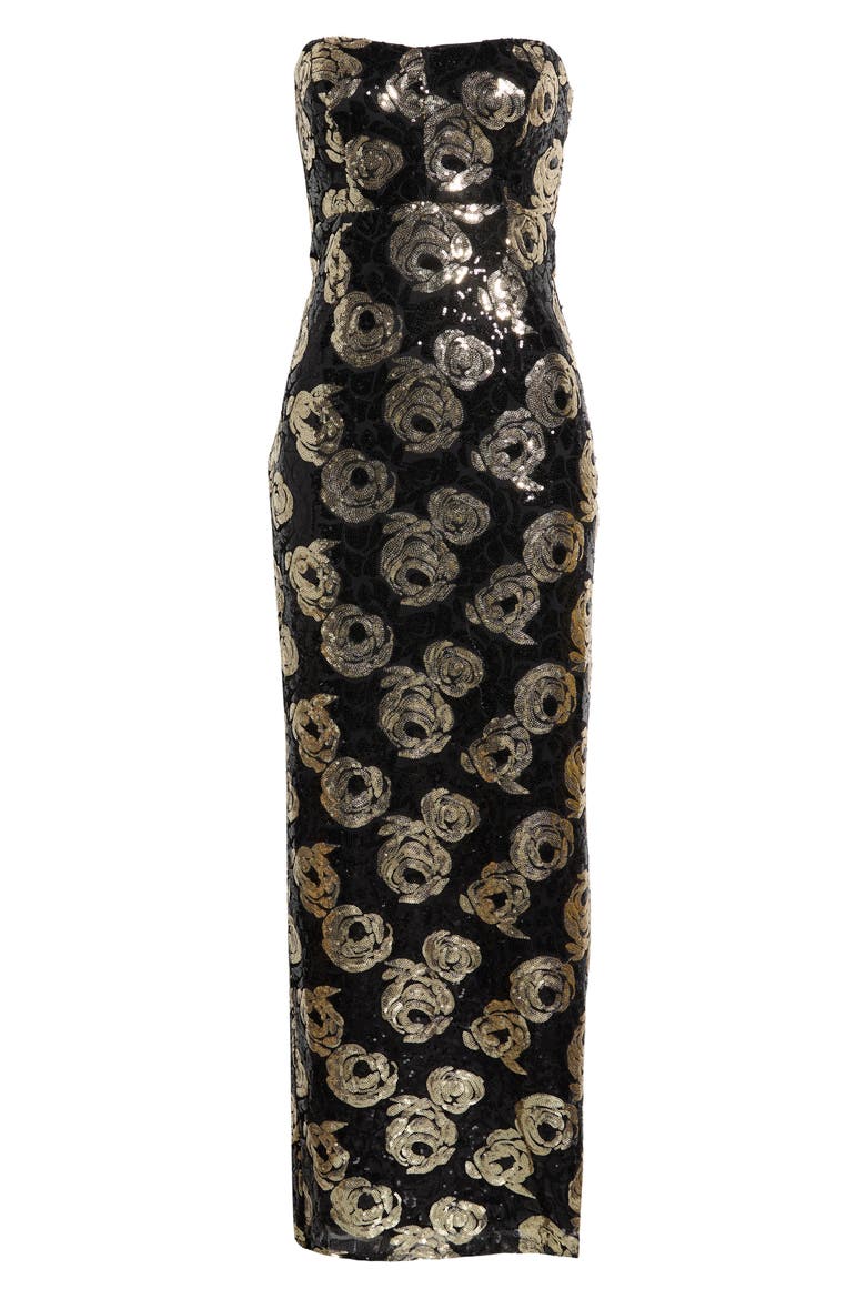 Floral Sequin Strapless Gown, Alternate, color, RICH BLACK