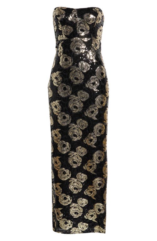 Cece Floral Sequin Strapless Gown In Black
