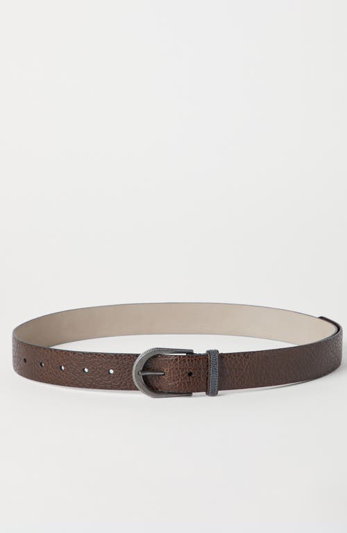 Brunello Cucinelli Adjustable Calf Leather Belt With Grained Texture In Brown