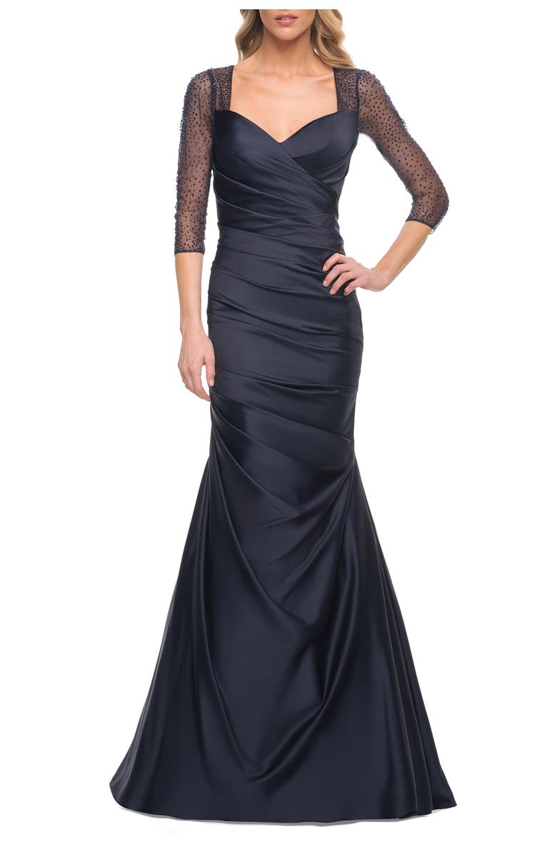 La Femme Mermaid Satin Pleated Gown with Illusion Beaded Sleeves, Main, color, Navy