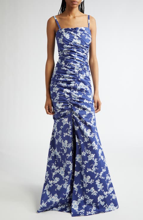 Floral Print Ruched Faille Gown