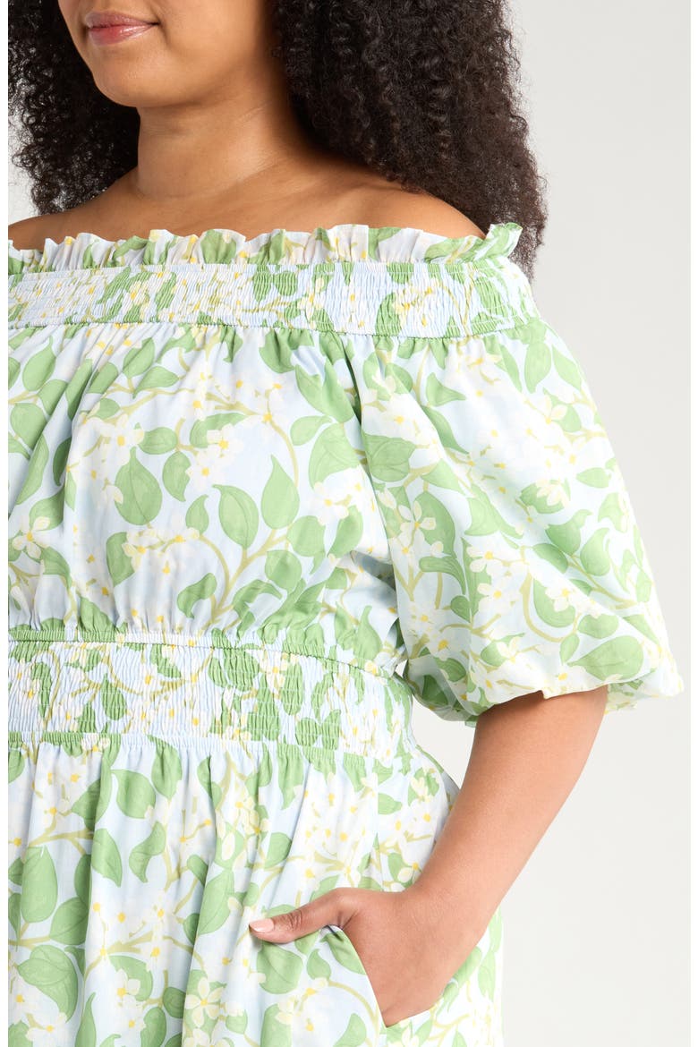 Kiany Floral Magna Town Off the Shoulder Cotton Midi Dress, Alternate, color, LIGHT BLUE/ GREEN