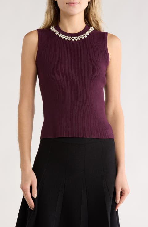 Faux Pearl & Rhinestone Collar Sleeveless Sweater