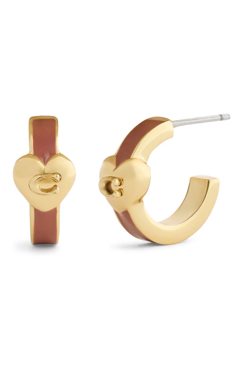 Heart Enamel Huggie Hoop Earrings, Main, color, BROWN/ GOLD