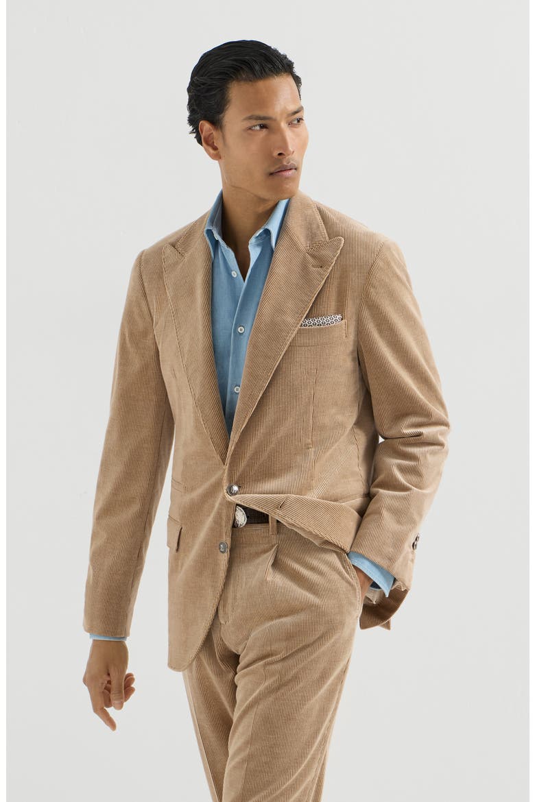 Comfort cotton and cashmere corduroy deconstructed blazer with large peak lapels and metal buttons, Main, color, Camel