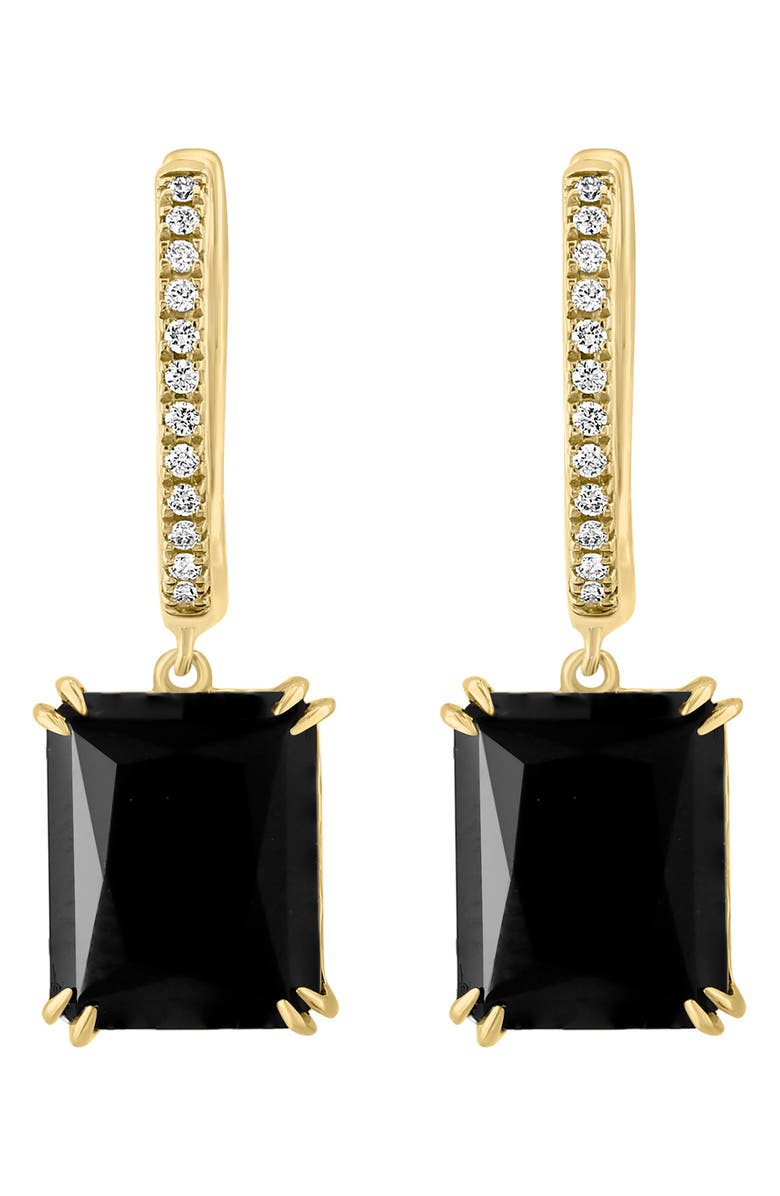 EFFY 14K Yellow Gold Diamond Onyx Drop Huggie Hoop Earrings - 0.09ct., Main, color, Black