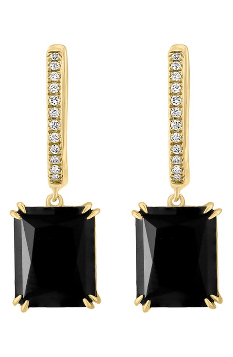 14K Yellow Gold Diamond Onyx Drop Huggie Hoop Earrings - 0.09ct.