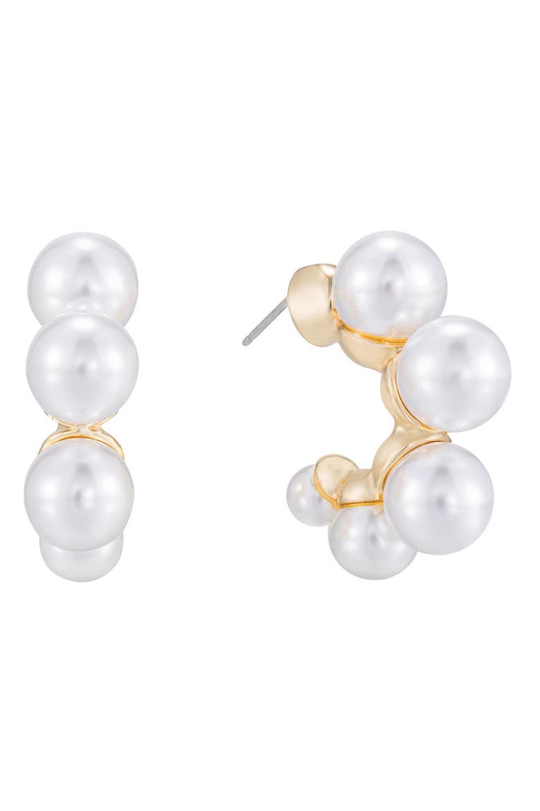 Five-Point Imitation Pearl Huggie Hoop Earrings, Main, color, GOLD