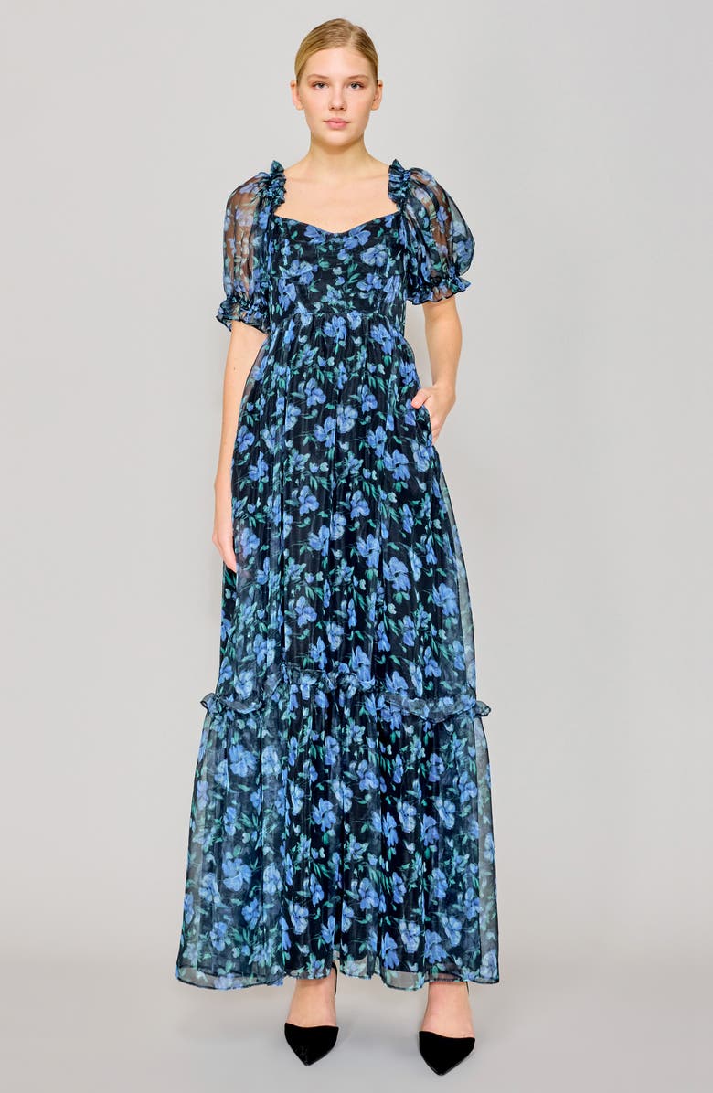 MELLODAY Floral Chiffon Gown, Alternate, color, Black Blue Multi