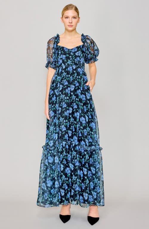 Melloday Floral Chiffon Gown In Black Blue Multi