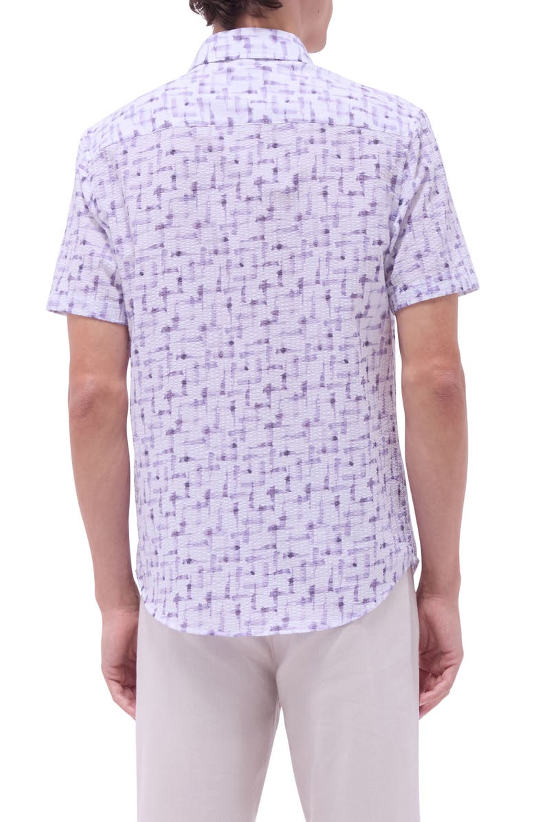 Bugatchi Orson Geo Print Short Sleeve Cotton Seersucker Button-Up Shirt, Alternate, color, Lilac