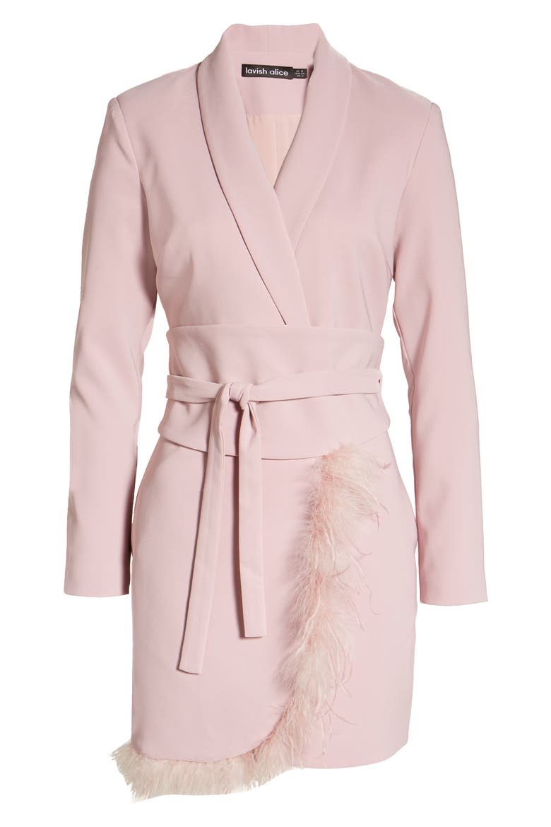 Feather Hem Long Sleeve Blazer Dress, Alternate, color, MINK