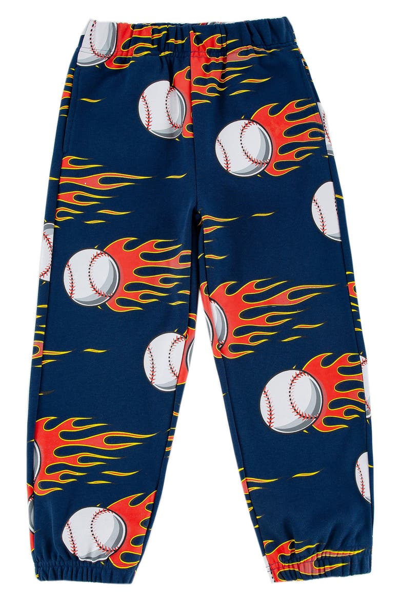 Kids' Flaming Baseball Print Fleece Sweatpants, Main, color, BLUE