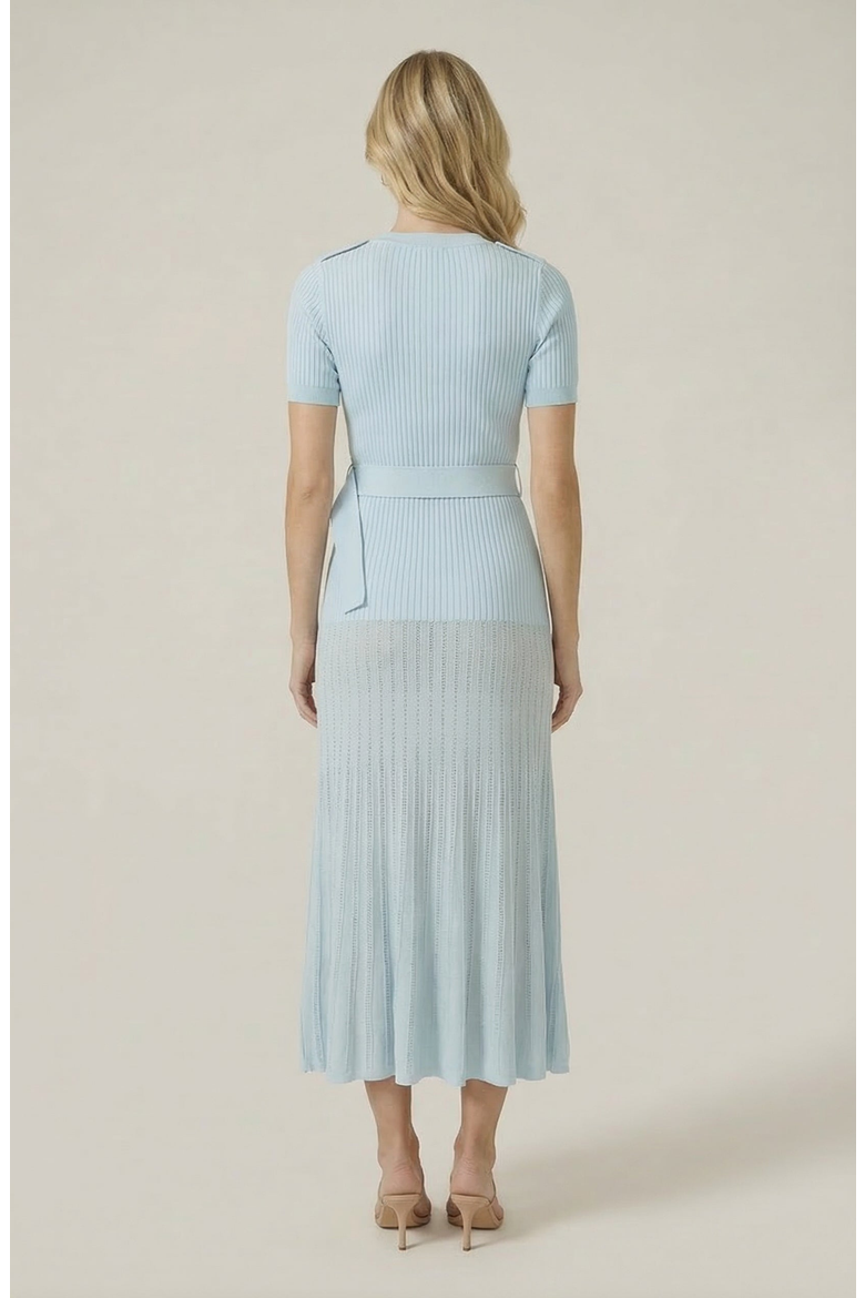 Ribbed Knit Belted Waist Pleated Midi Dress, Alternate, color, Pastel Blue