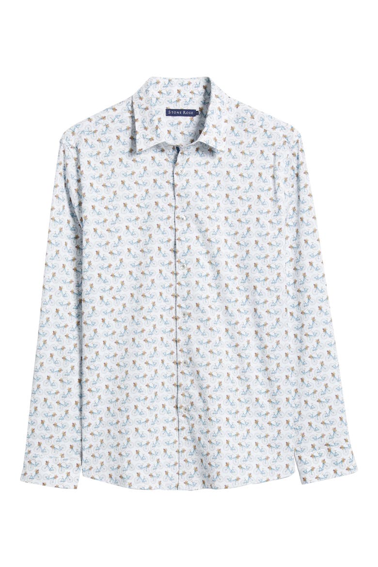 Bicycle Print Stretch Cotton Button-Up Shirt, Alternate, color, WHITE
