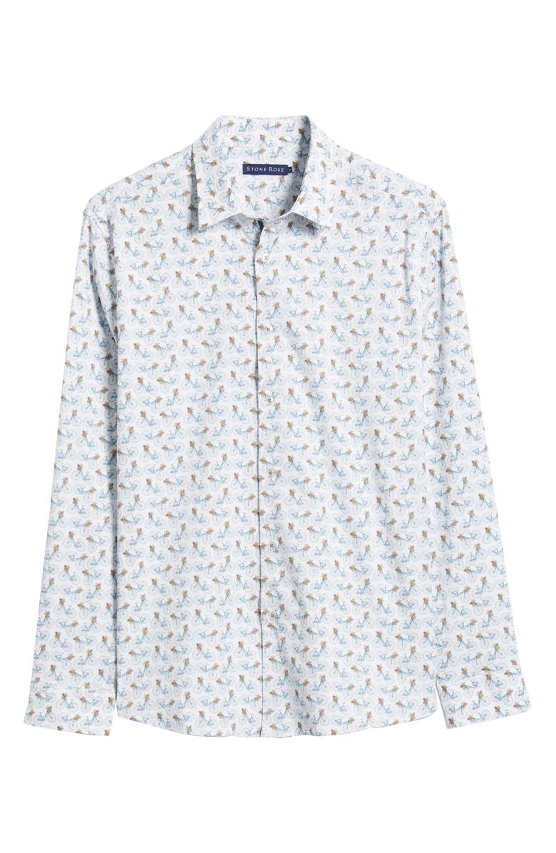 Stone Rose Bicycle Print Stretch Cotton Button-Up Shirt, Alternate, color, White