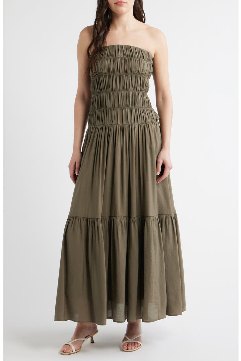 Rocio Shirred Strapless Tiered Maxi Dress, Main, color, SABLE