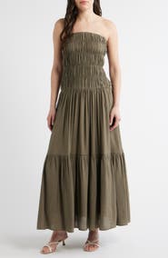 Nia Rocio Shirred Strapless Tiered Maxi Dress
