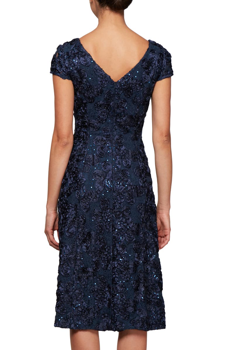 Alex Evenings Sequin Rosette Cocktail Dress, Alternate, color, Navy