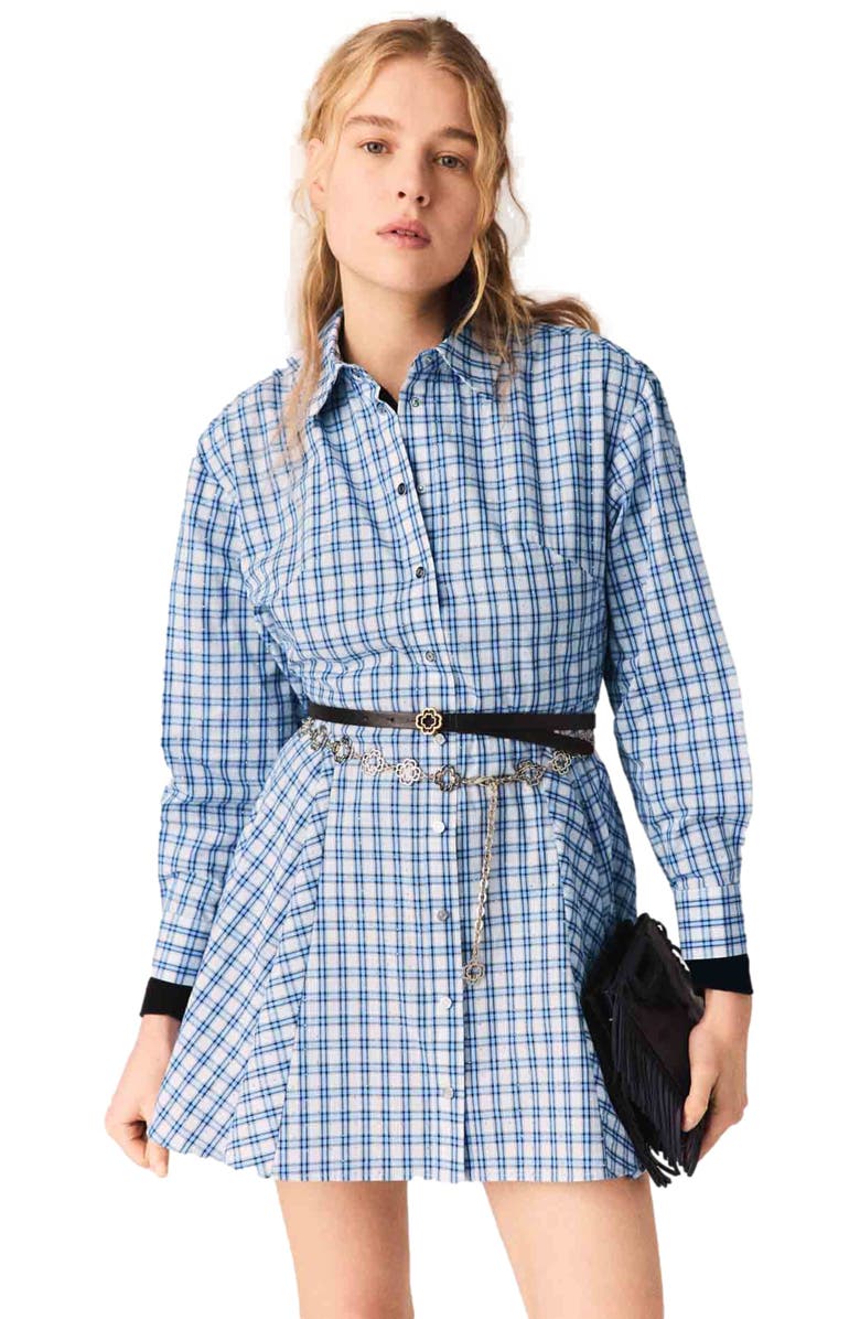 maje Rhinestone-trim cotton shirt dress, Main, color, Blue Check Print