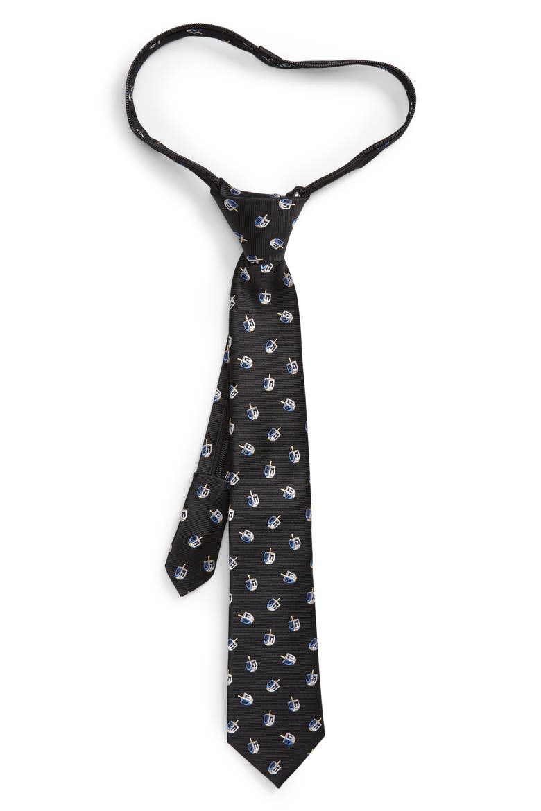 Dreidel Silk Zipper Tie, Main, color, BLACK