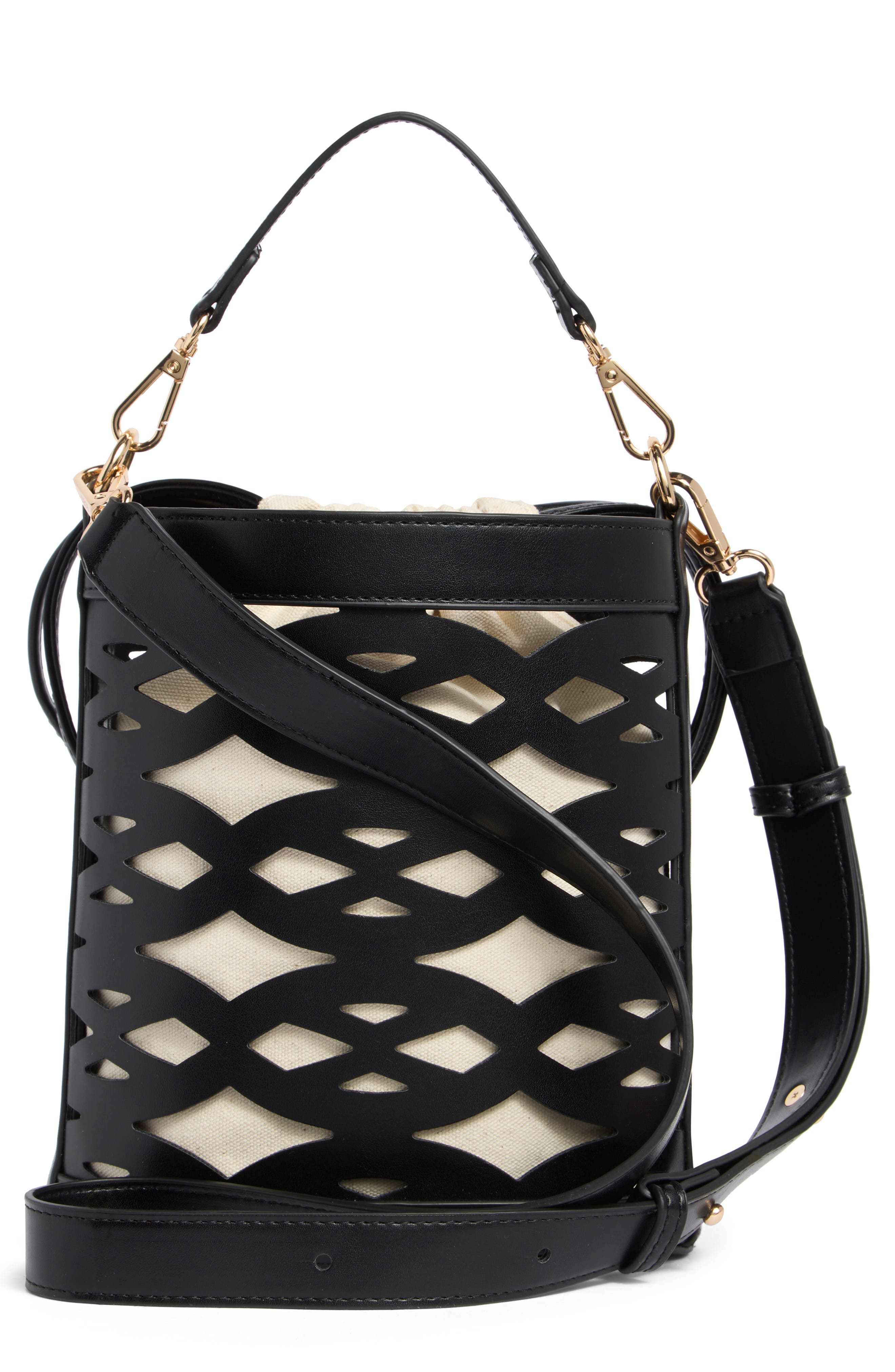 BCBG Woven Laser Cut Bucket Bag, Alternate, color, 