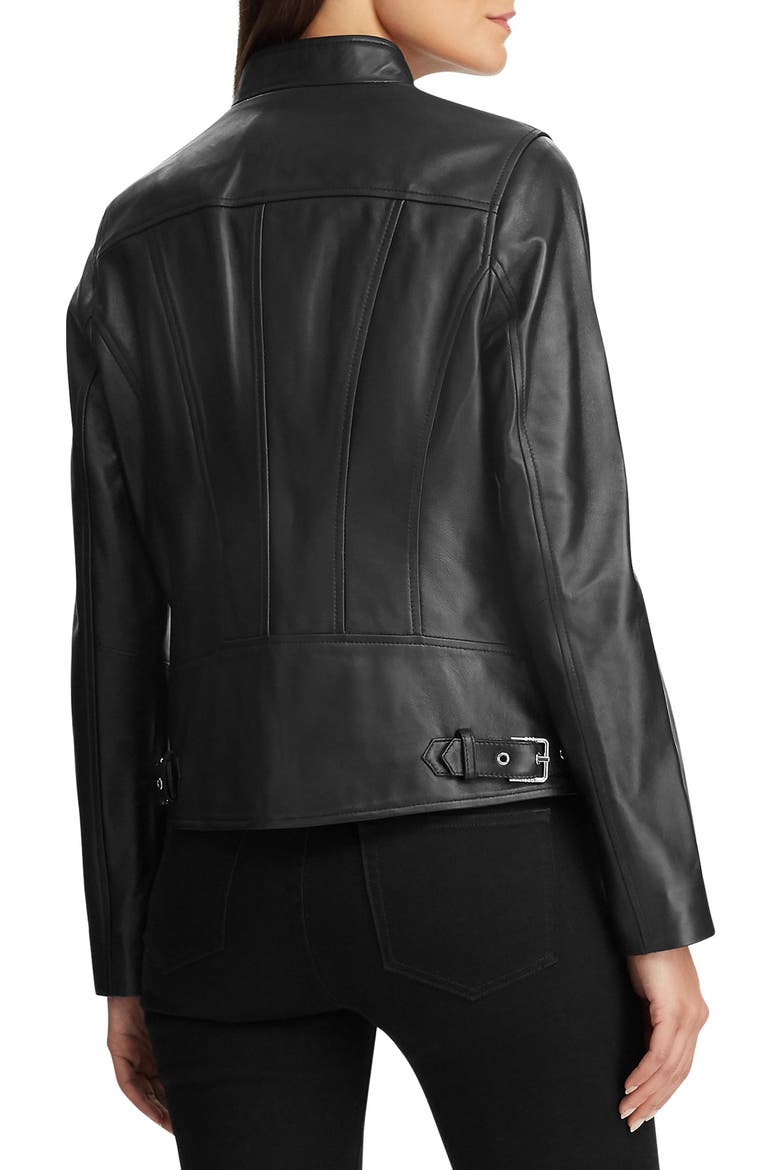 Band Collar Leather Jacket, Alternate, color, BLACK