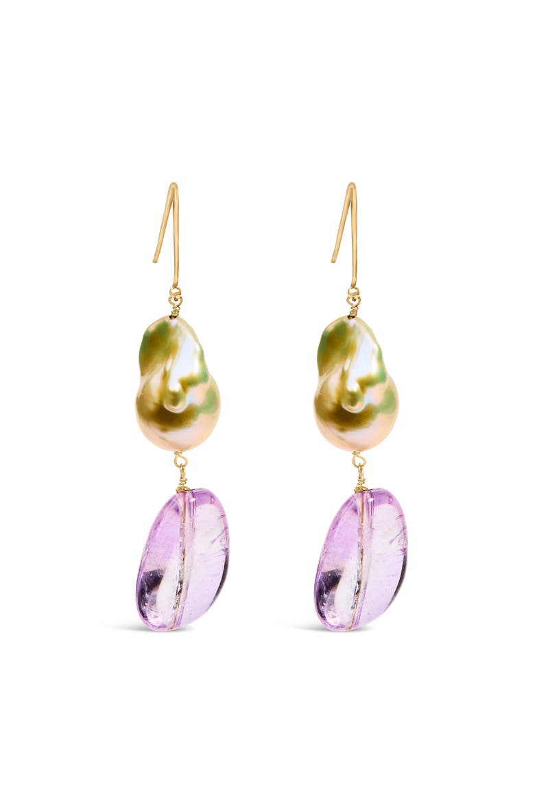14K Yellow Gold Amethyst and Baroque Pearl Drop and Dangle Earrings, Main, color, Yellow