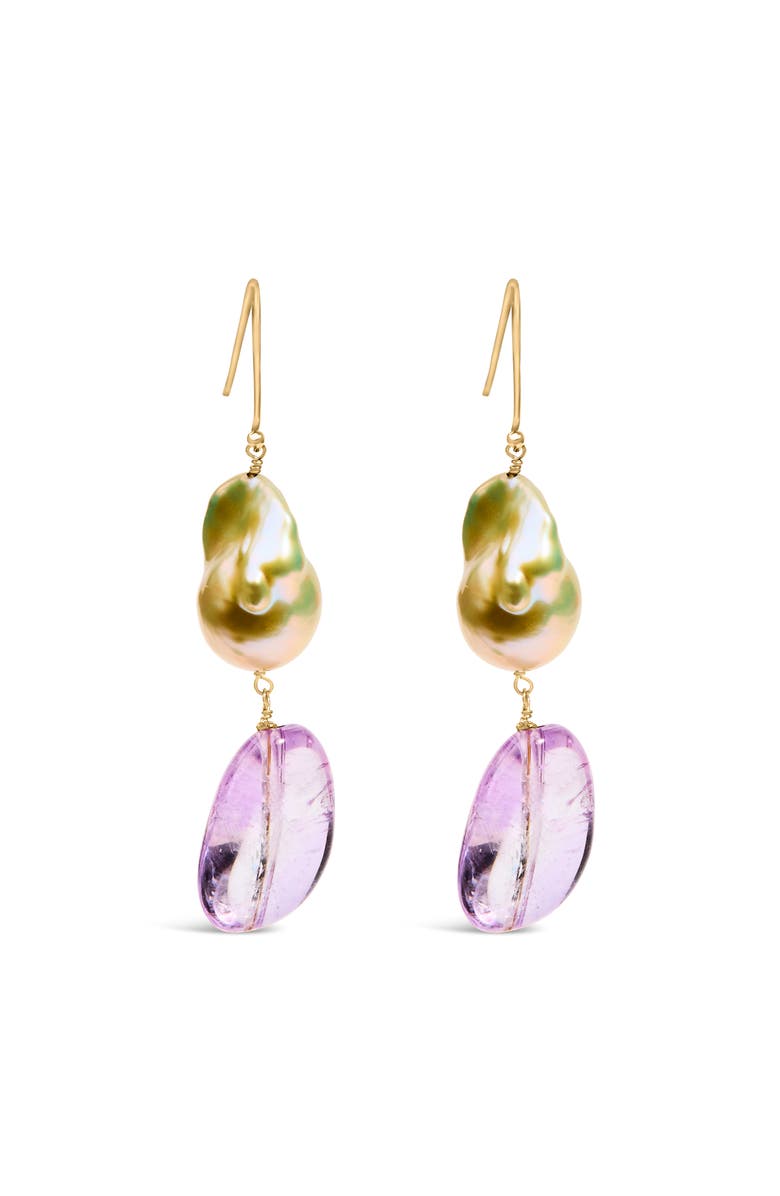 Haus of Brilliance 14K Yellow Gold Amethyst and Baroque Pearl Drop and Dangle Earrings, Main, color, Yellow