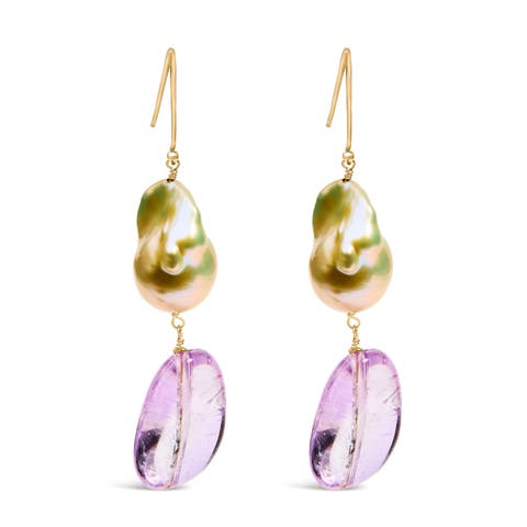 14K Yellow Gold Amethyst and Baroque Pearl Drop and Dangle Earrings