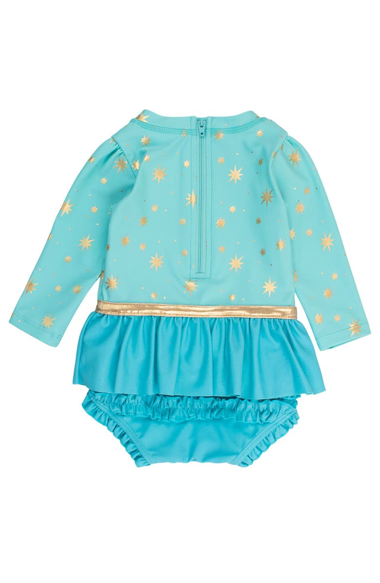 RuffleButts Baby Girls UPF50+ Princess Long Sleeve Bow Skirted One Piece Swimsuit, Alternate, color, Teal Golden Princess