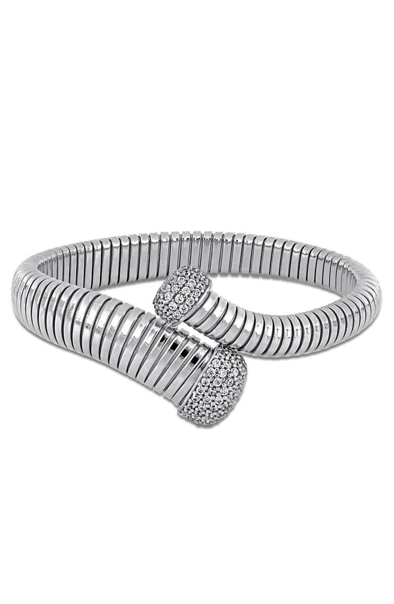 Julianna B. Cubic Zirconia Bypass Wrap Bangle Bracelet, Main, color, Sterling Silver
