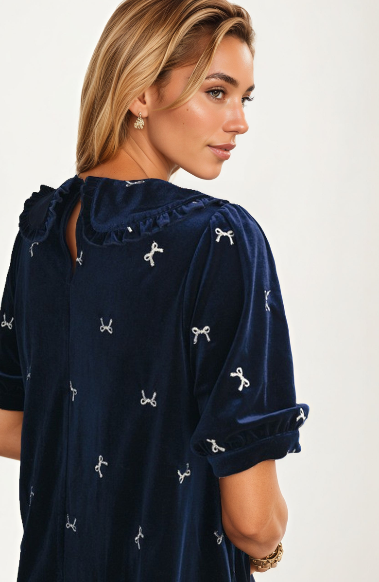 Knit and Lounge Embroidered Velvet Peter Pan Collar Mini Dress, Alternate, color, 