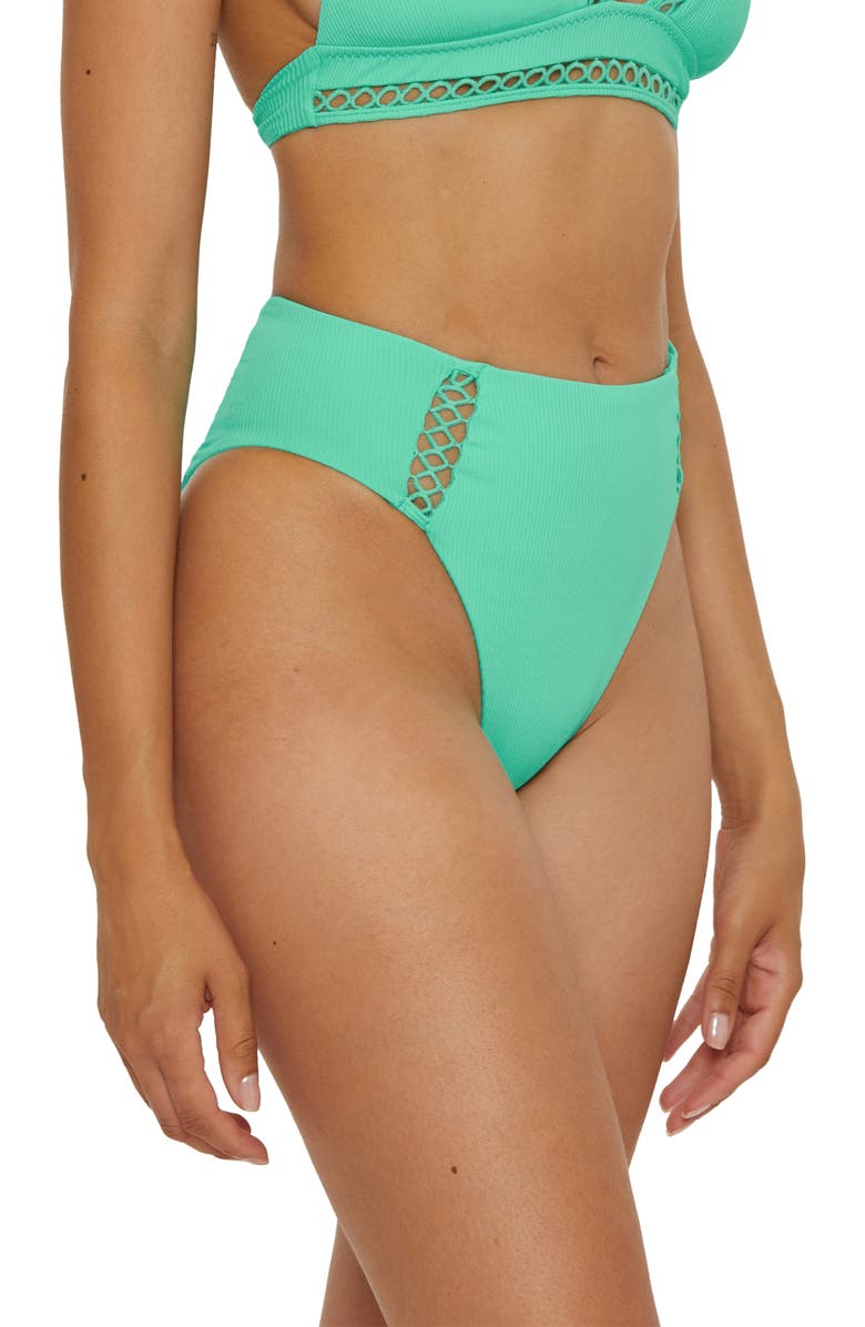 Becca Modern Edge High Waist Bikini Bottoms, Alternate, color, Aqua Sea