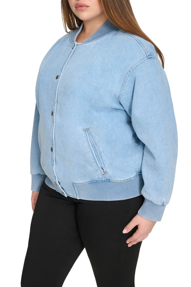 Crop Varsity Denim Bomber Jacket, Alternate, color, LT WASH DE