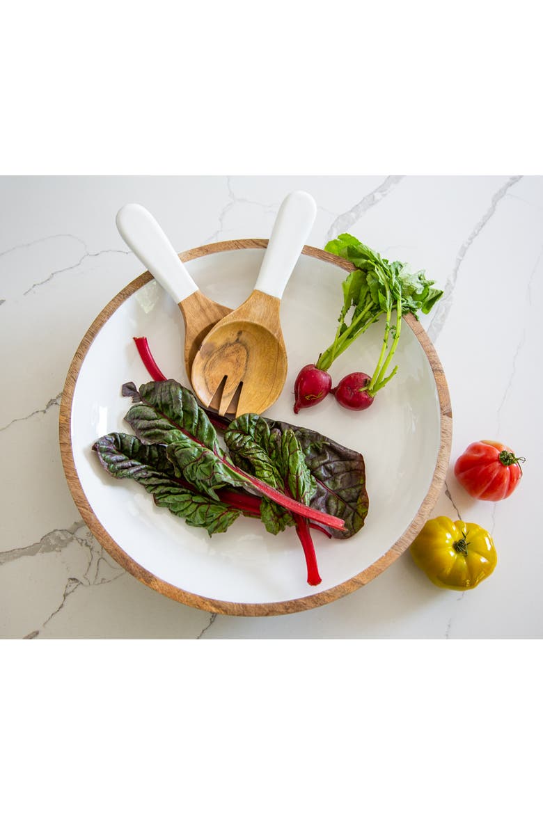 Wood + White Collection Large Salad Bowl & Servers Set, Alternate, color, White, Brown