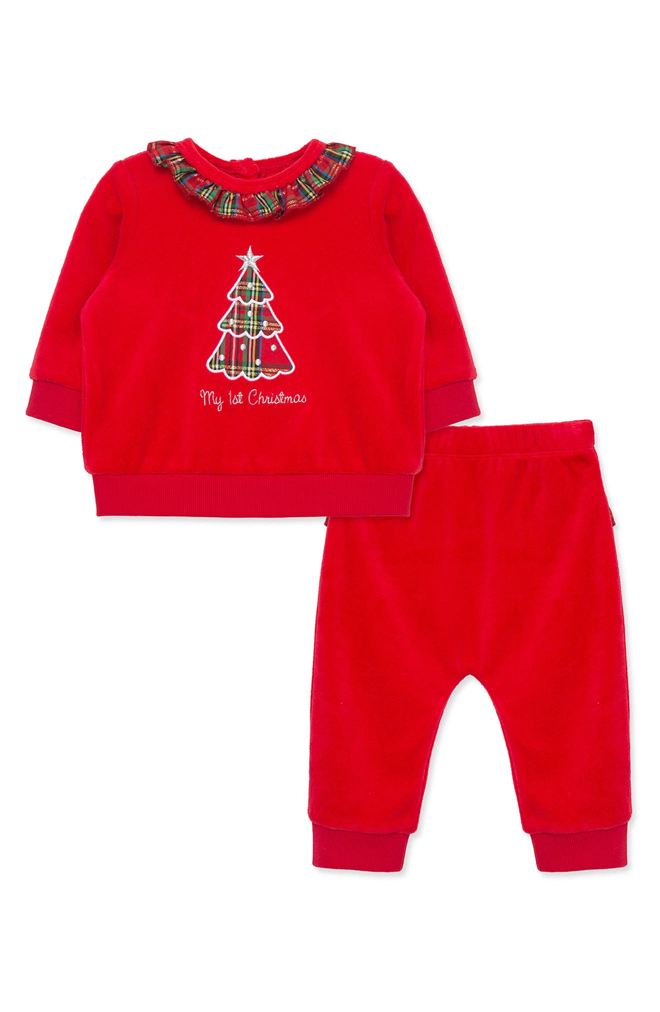 My First Christmas Plaid Tree Appliqué Velour Sweatshirt & Joggers Set