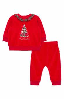 My First Christmas Plaid Tree Appliqué Velour Sweatshirt & Joggers Set