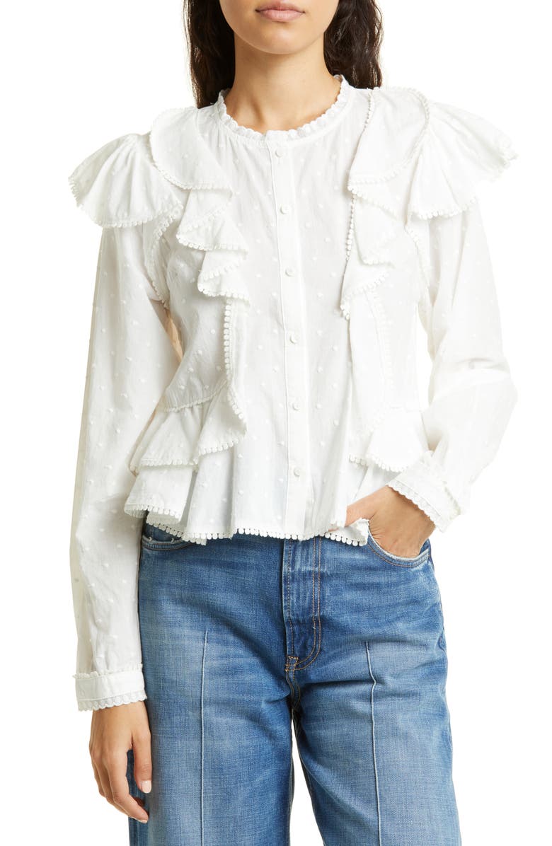 STELLAH Dot Embroidered Cascade Ruffle Blouse, Main, color,