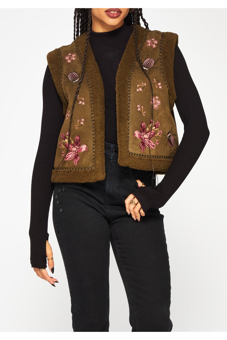 Sylvara Borg Embroidered Bug Gilet, Alternate, color, Brown