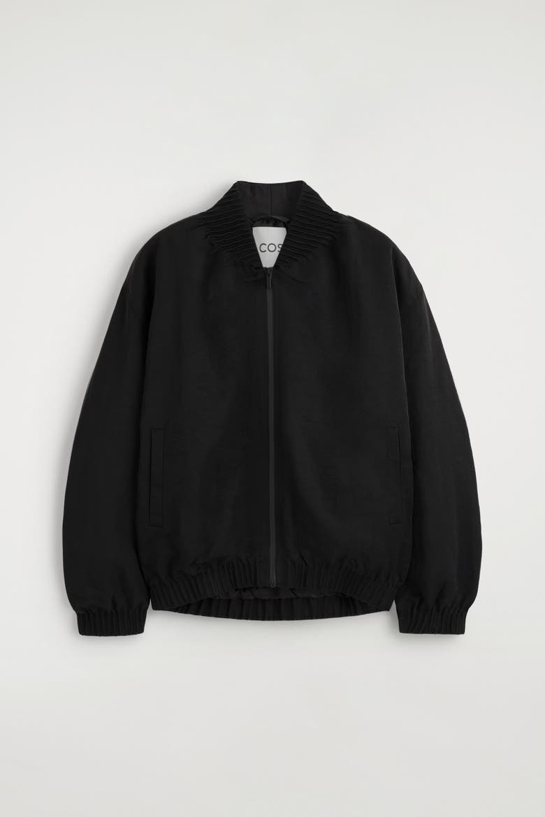 Gathered Nylon Bomber Jacket, Alternate, color, BLACK