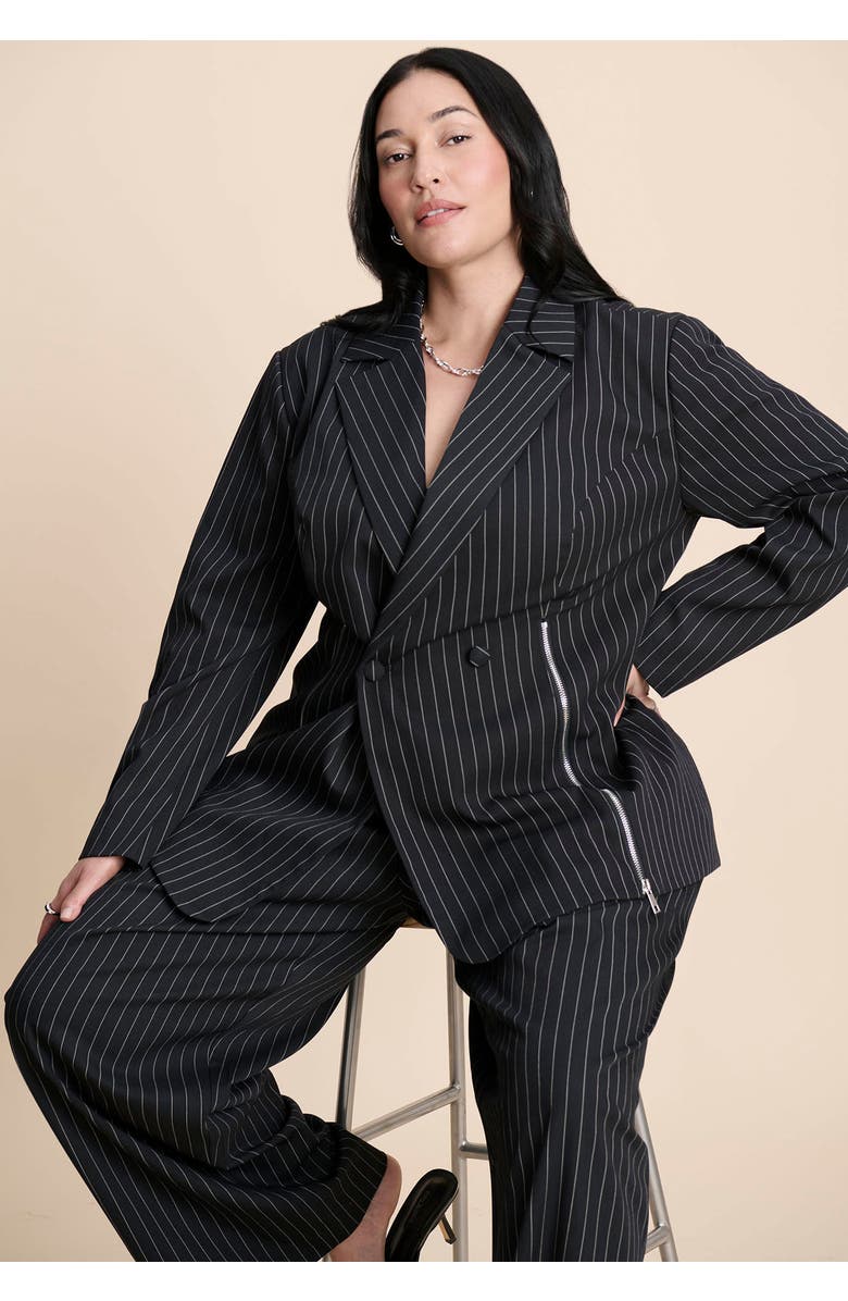 ELOQUII Zip Hem Pinstripe Blazer, Alternate, color, Black And White
