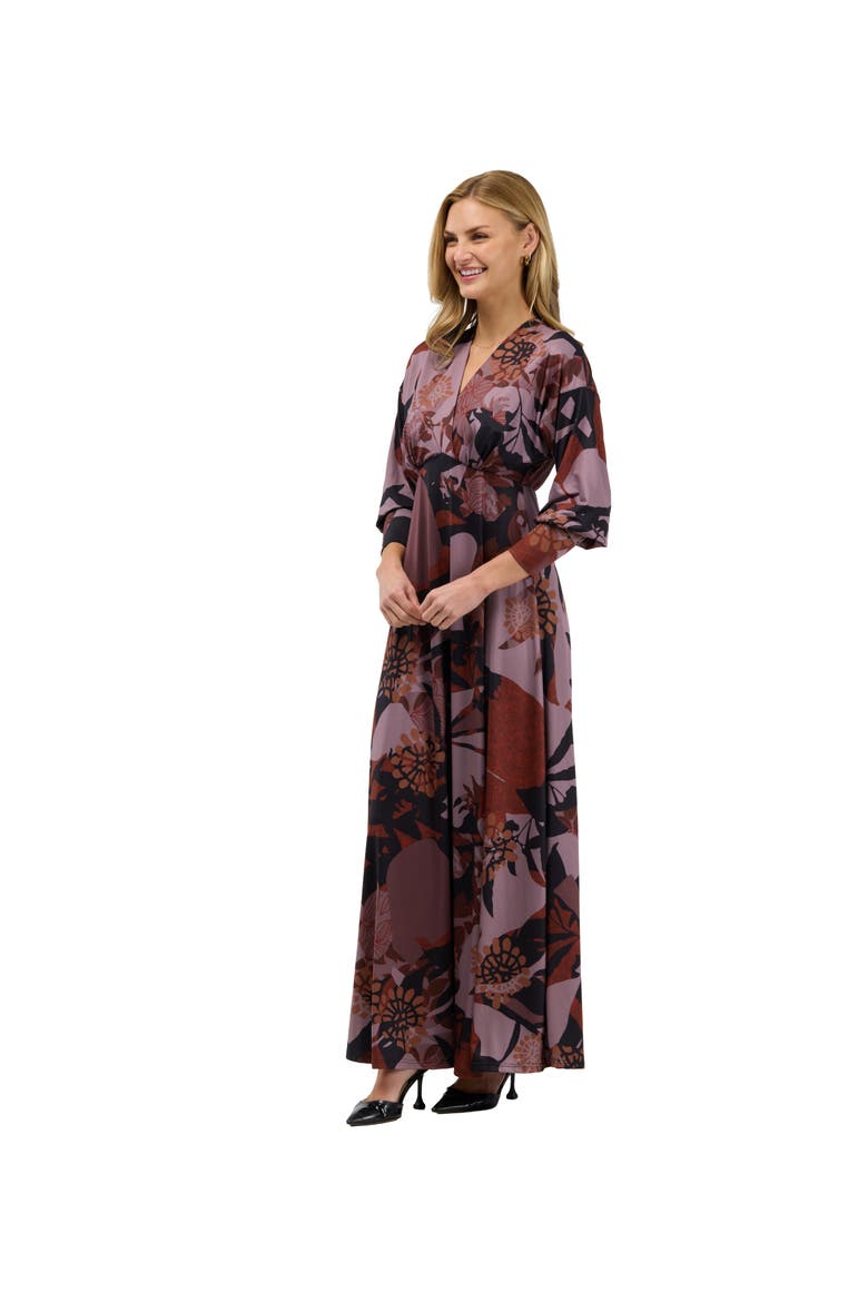 Elevate Womens V Neck Three-Quarter Sleeve Maxi Dress, Alternate, color, Brown Multi