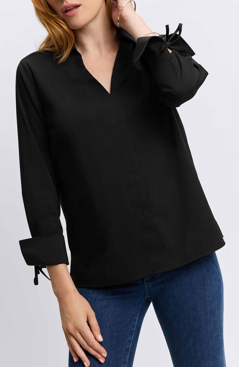 Foxcroft Carla Tie Cuff Cotton Blend Popover Top, Alternate, color, Black
