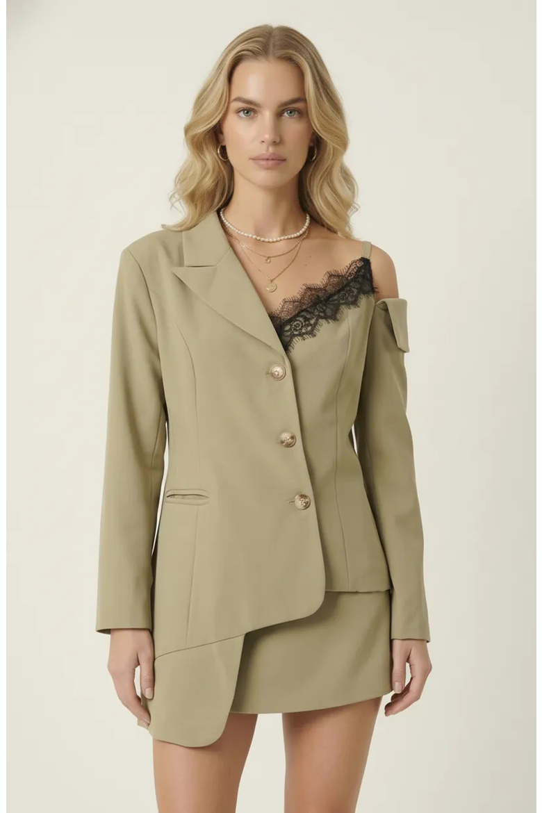 Asymmetric One Shoulder Tailored Blazer Jacket, Main, color, Khaki