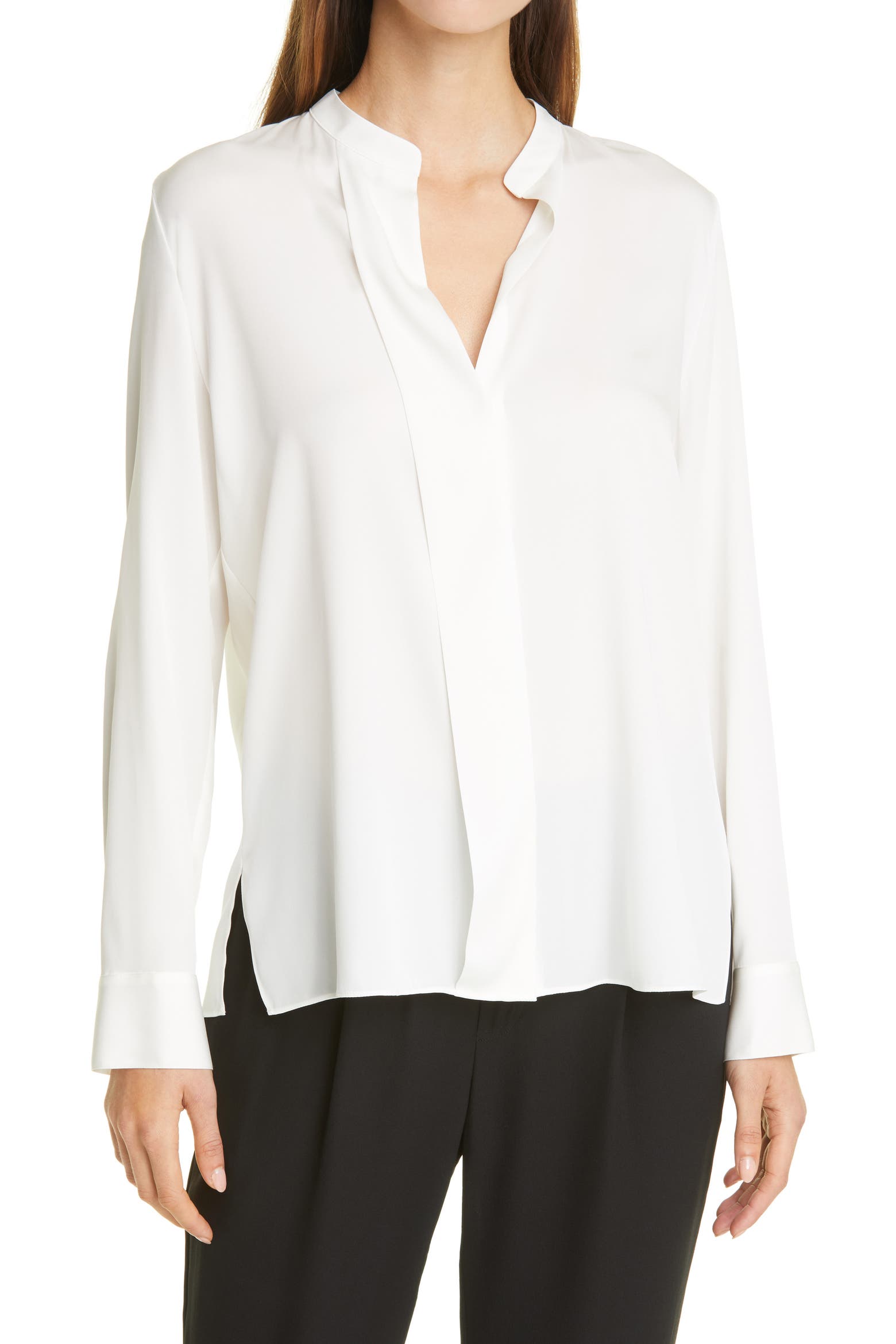 Slime Line Texture Vince Slim Fit Band Collar Stretch Silk Blouse (Women) | Nordstromrack