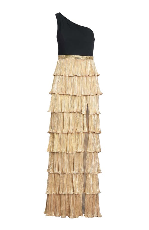 Mac Duggal One-shoulder Ruffle Tiered Gown In Black Gold