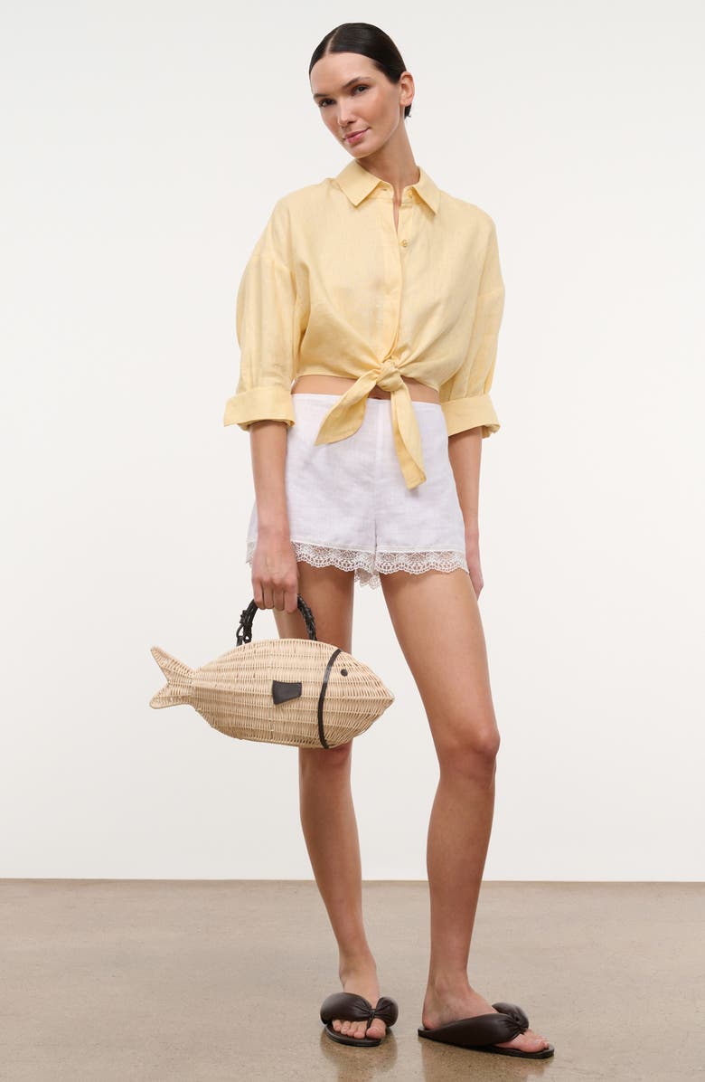 STAUD Lisa Tie Front Linen Button-Up Top, Alternate, color, Butter