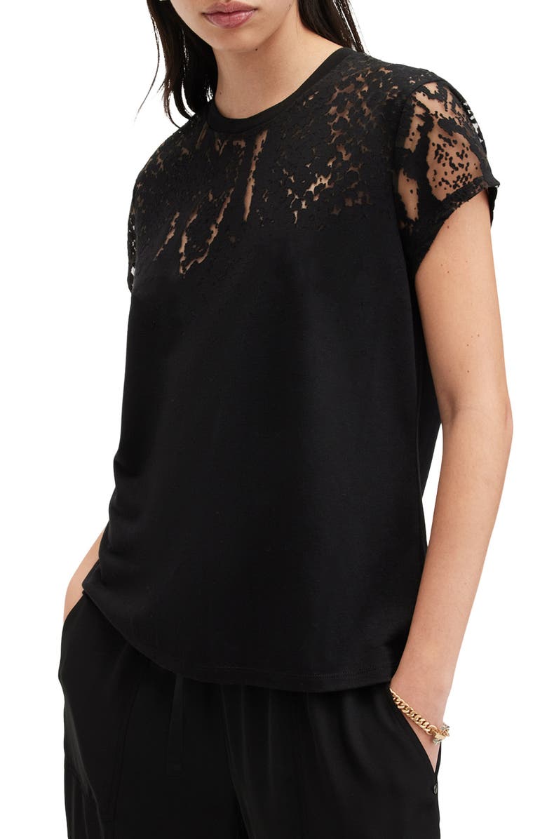 AllSaints Anna Snakeprint Lace Yoke Top, Alternate, color, Black