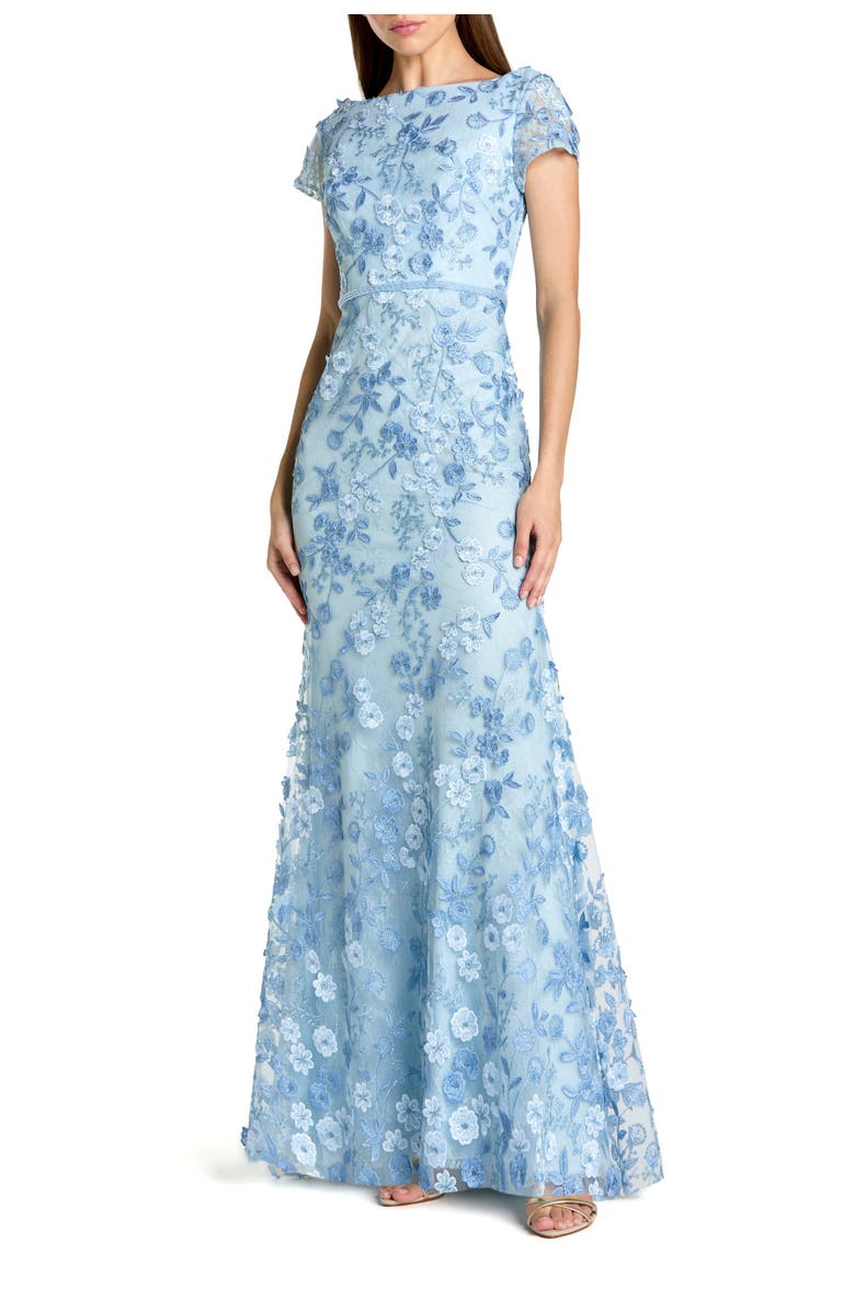 Mac Duggal Floral Applique Boat Neck Cap Sleeve Gown, Main, color, Powder Blue